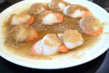 Fresh scallops with korean sauce in plate. For Korean bbq food c