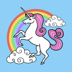 Cartoon unicorn with rainbow and clouds. © Nata Savina