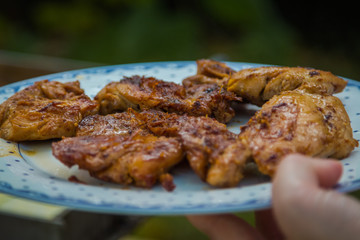 Just removed from the grill marinated boneless chicken thighs.