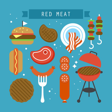 Red Meat And Processed Meat Flat Stylish Icons. Vector Illustrat