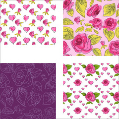 Set of seamless patterns with pink roses and leafs