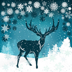 Silhouette of deer with big antler on winter background