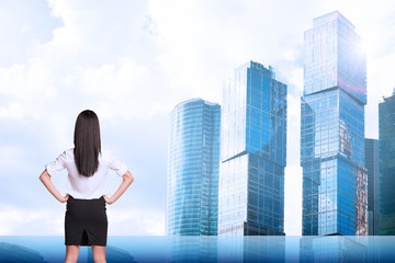 Businesswoman on cityscape background, rear view
