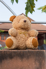 Teddy bear and brick ground