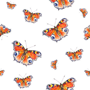 Peacock butterflies on a white background. Watercolor drawing. Insects art. Handwork. Seamless pattern