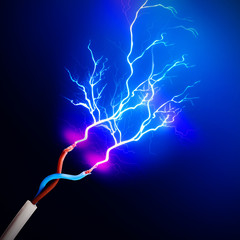 Electric cables with glowing electricity lightning, close up