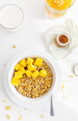 Healthy breakfast. Corn flakes, muesli, granola, with fresh orange juice