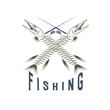 vintage fishing emblem with skeleton of pike