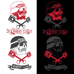 biker theme label with pistons and skulls
