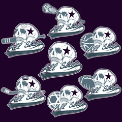 set of vintage sports all star crests with skulls