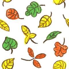 Collection beautiful colorful autumn leaves on white background. Pastel chalk crayon hand drawn seamless pattern.