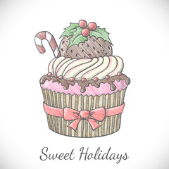Christmas cupcake in sketch style.