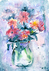 Watercolor painting. Red flowers in a vase