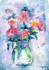 Fototapeta premium Watercolor painting. Red flowers in a vase