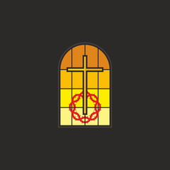Fototapeta na wymiar Stained glass window, cross, crown of thorns, icon, church window