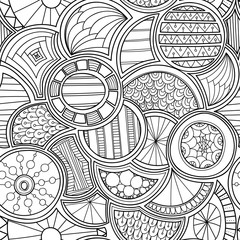 Zentangle style circles seamless pattern. Doodle black and white abstract vector background.