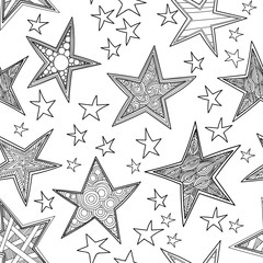 Zentangle stars seamless pattern. Hand-drawn black and white vector background.
