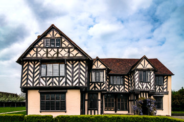 Medieval Tudor house in Birmingham UK Blakeslay Hall exterior view - obrazy, fototapety, plakaty