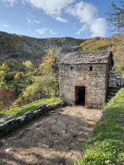 Sweet chestnut drying house, traditional Italian agriculture. Lunigiana, northTuscany, Italy.
