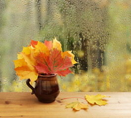 Bouquet of autumn leaves on window sill