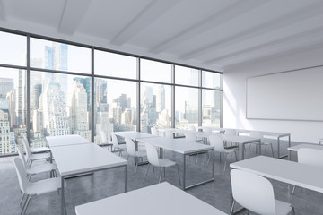 A modern panoramic classroom with New York view. White tables and white chairs. 3D rendering.
