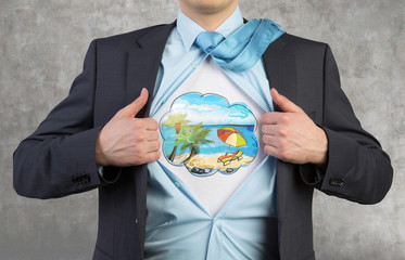 A close up of man's body who tears the shirt on the chest. A summer vacation sketch is on the chest...