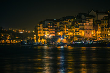Overview of Old Town of Porto, Portugal at night