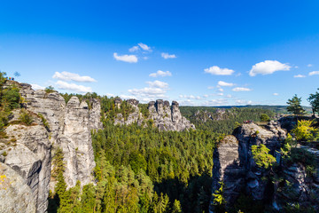 Panorama with typical rock pinnacles at Bastei in Rathen, Saxon Switzerland