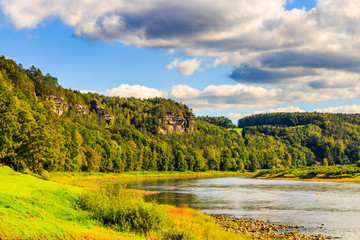 Obraz premium View of little town Rathen at Elbe river near the Bastei, Germany