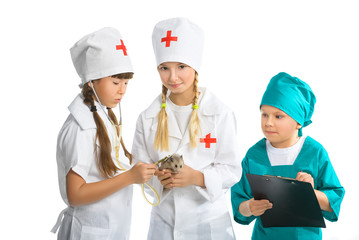 Cute little children dressed like doctor treated hamster isolated on white background. Veterinary concept