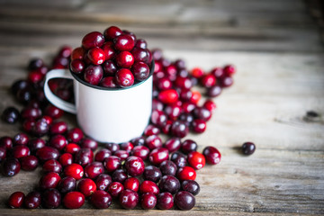 Cranberries on a mug on rustic wooden background