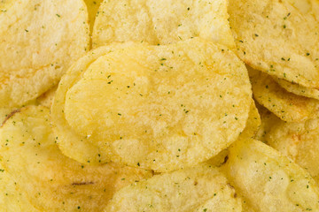 Prepared potato chips snack closeup view