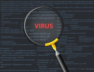 Scanning virus on script background with magnifying glass concept