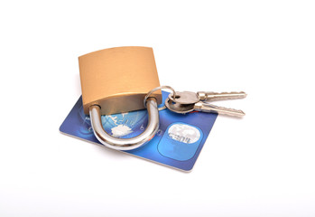Padlock credit card isolated on white background © stockyme