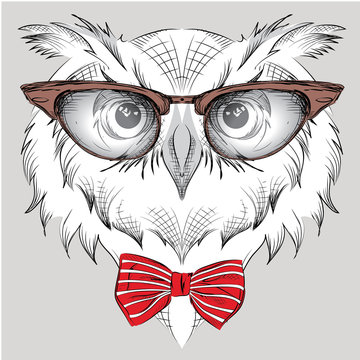Image Portrait owl in the glasses and cravat.  / african / indian / totem / tattoo design. Use for print, posters, t-shirts. Hand draw vector illustration