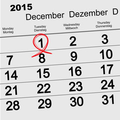 December 1, 2015 World AIDS Day. Red ribbon symbol. Calendar date reminder