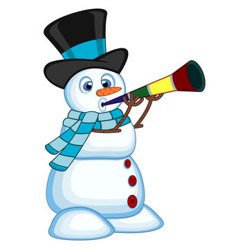 Snowman wearing a hat and a blue scarf blowing horns for your design vector illustration