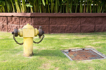 Yellow fire hydrant at strategic residential ready for emergency
