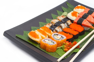 The composition of nigiri sushi on white background