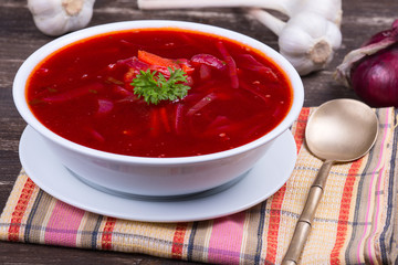 Red beet soup, borscht on the table