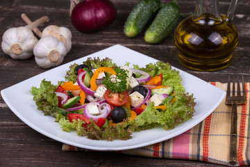 Fresh vegetable greek salad on the table