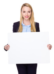 Fototapeta premium Caucasian Young Businesswoman show with white banner