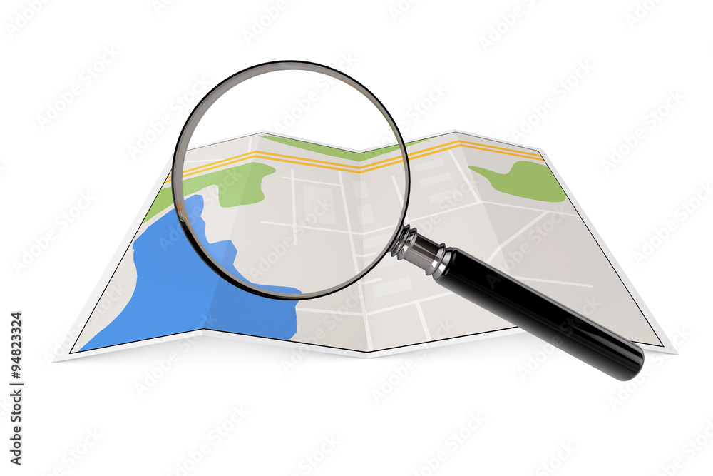Poster abstract paper map with magnifying glass