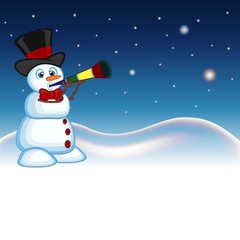 Snowman wearing a hat and a bow ties blowing horns with star, sky and snow hill background for your design vector illustration