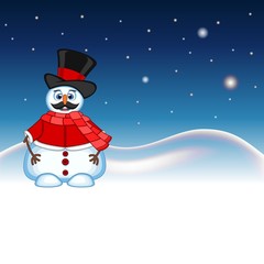 Snowman with mustache wearing a hat, red sweater and a red scarf with star, sky and snow hill background for your design vector illustration