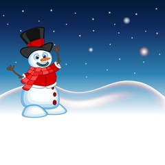 Snowman wearing a hat, red sweater and a red scarf with star, sky and snow hill background for your design vector illustration