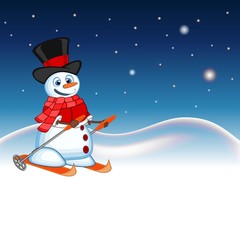 Snowman wearing a hat, red sweater and a red scarf is skiing with star, sky and snow hill background for your design vector illustration
