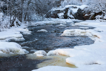 Snow and ice on the river in the canyon