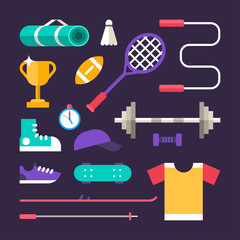 Set of Vector Icons and Illustrations in Flat Design Style. Sports Equipment