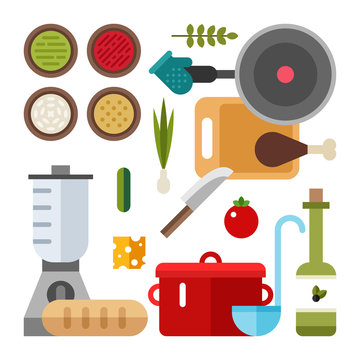 Set of Vector Icons and Illustrations in Flat Design Style. Kitchen Appliances and Food